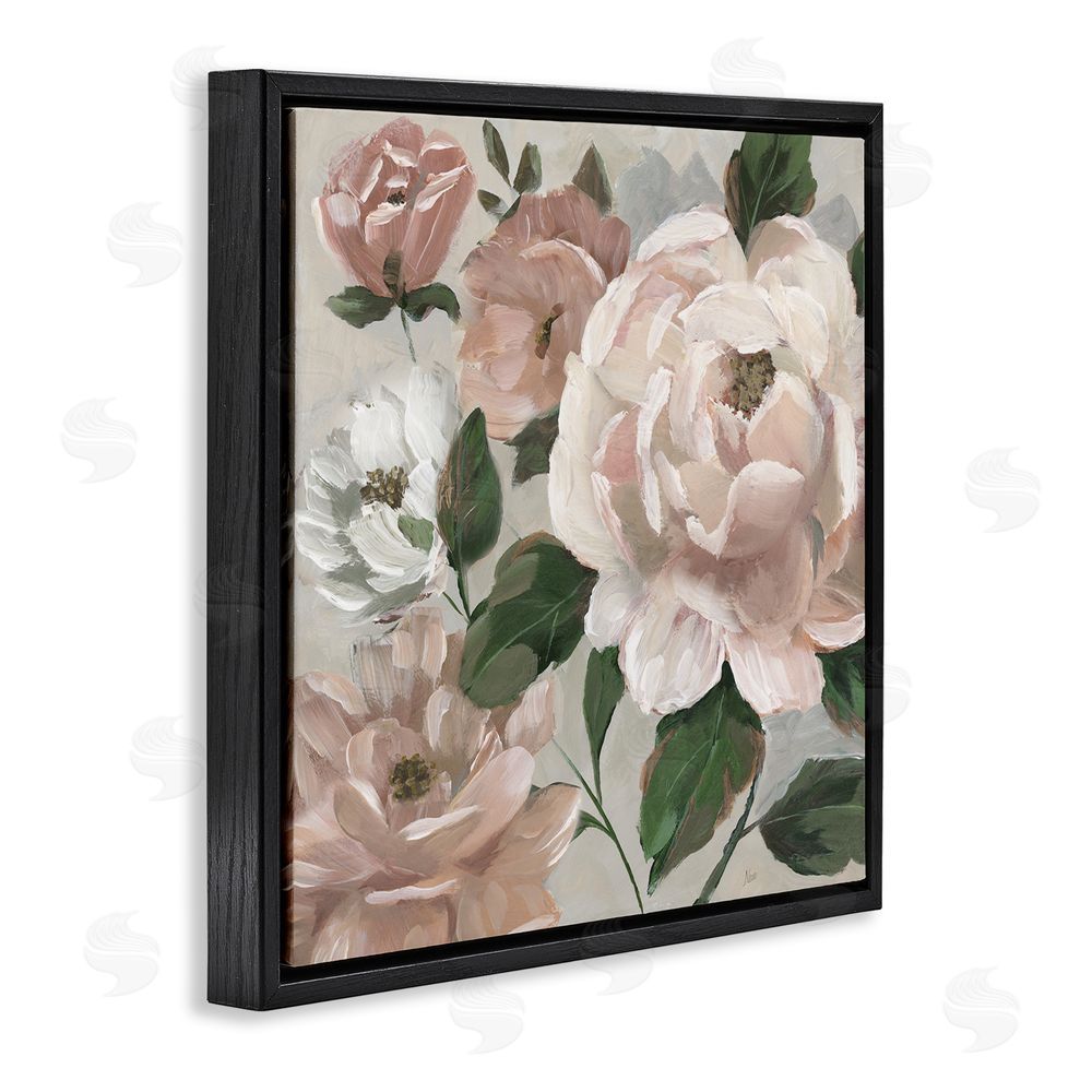 Nan Delicate Blush Peonies with Leaves Black Floating Frame Canvas Wall Art Print