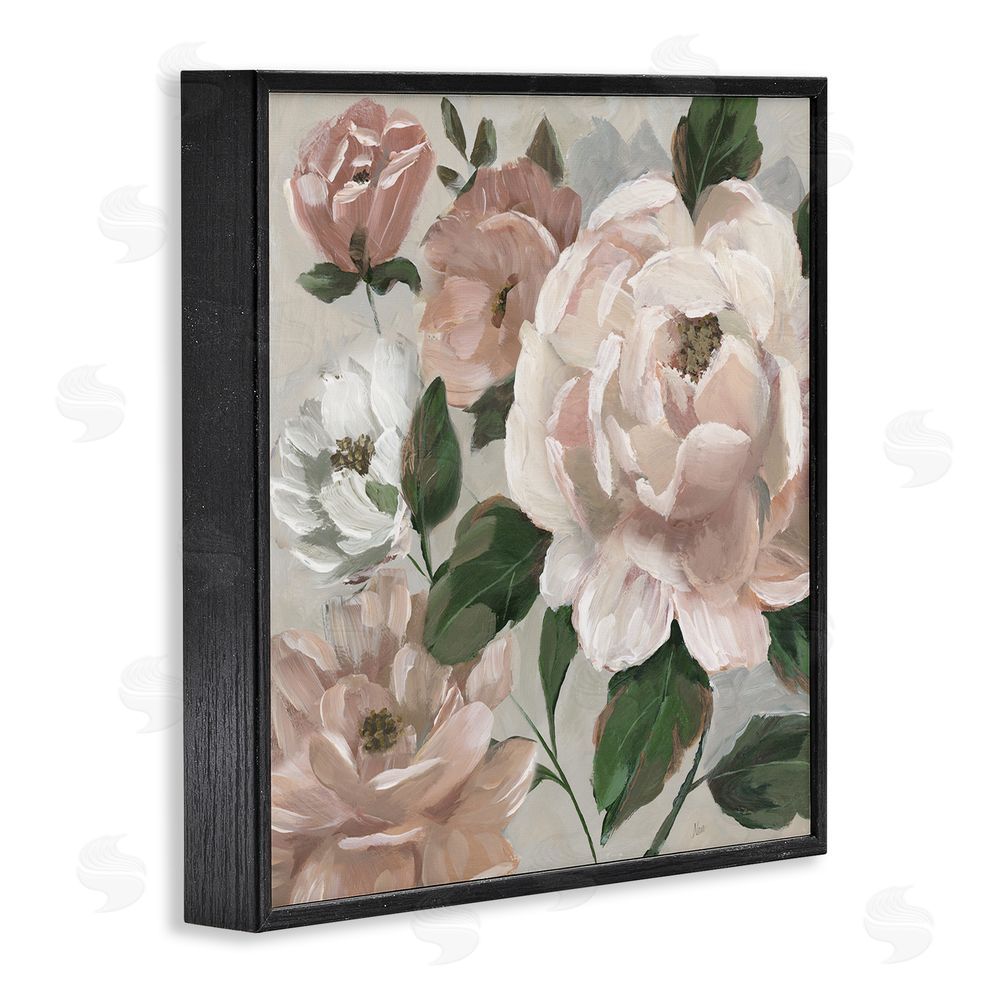 Nan Delicate Blush Peonies with Leaves Black Framed Giclee Wall Art Print