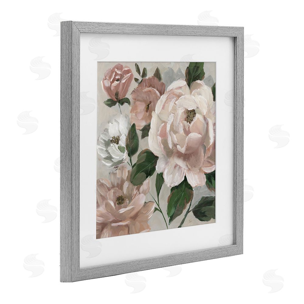 Nan Delicate Blush Peonies with Leaves Gray Framed Print Under Glass Wall Art