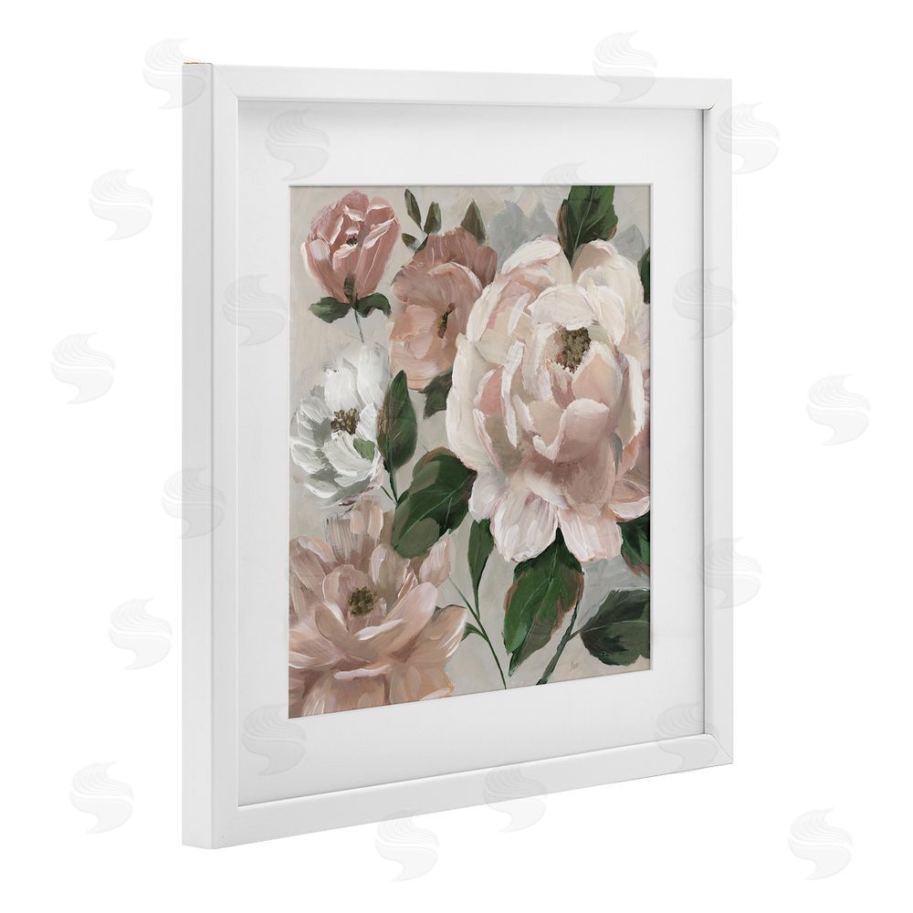 Nan Delicate Blush Peonies with Leaves White Framed Print Under Glass Wall Art