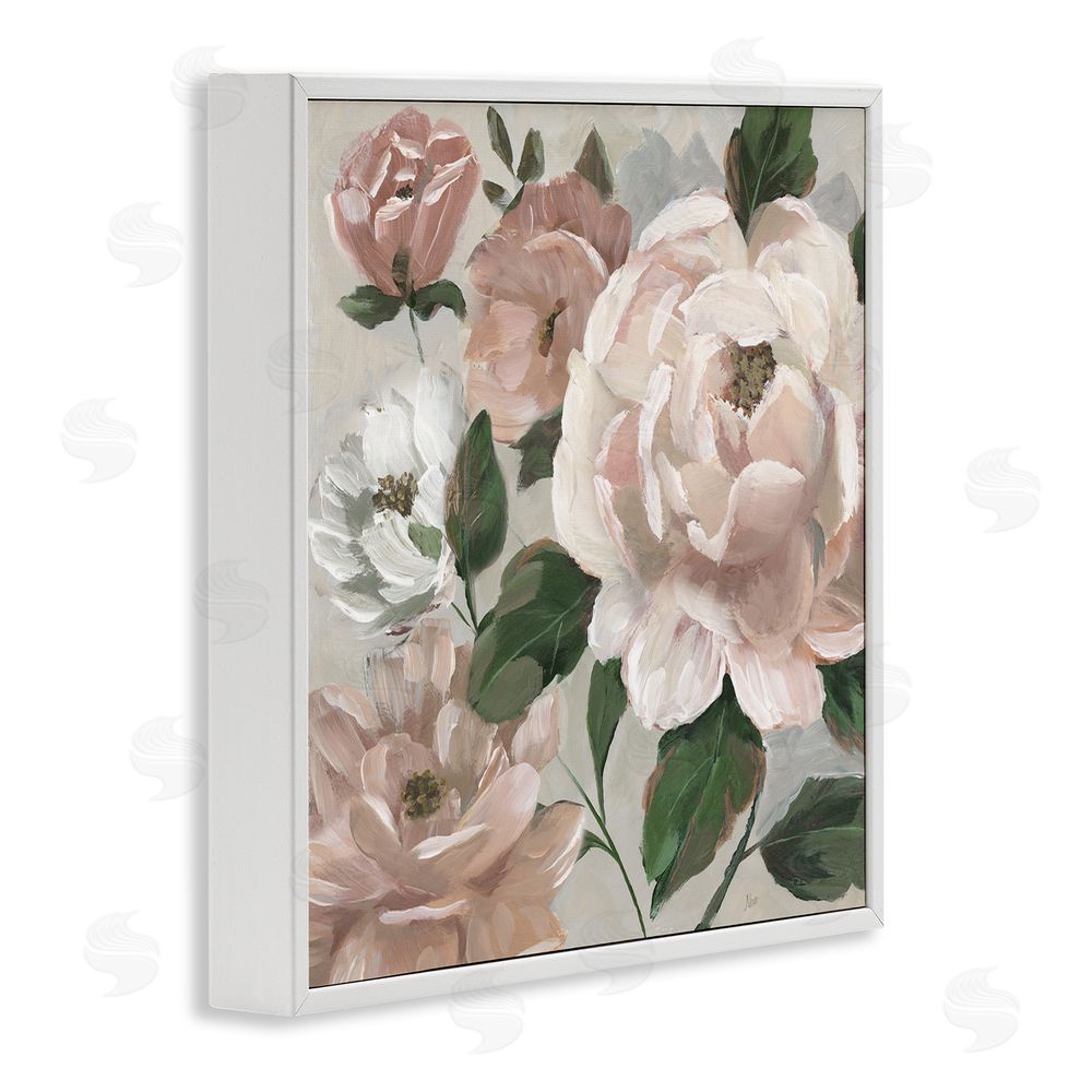 Nan Delicate Blush Peonies with Leaves White Framed Giclee Wall Art Print