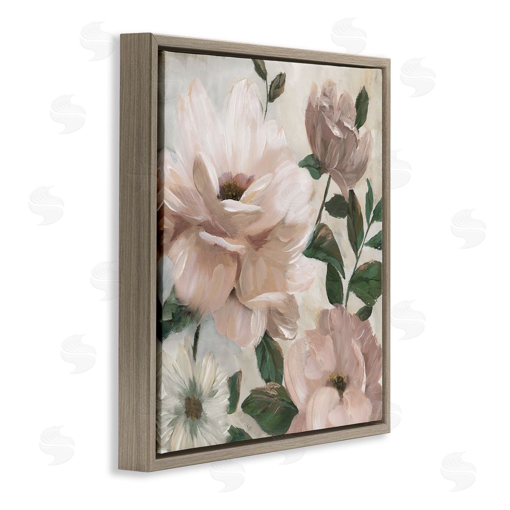 Nan Budding Blush Peonies & Leaves Brown Floating Frame Canvas Wall Art Print