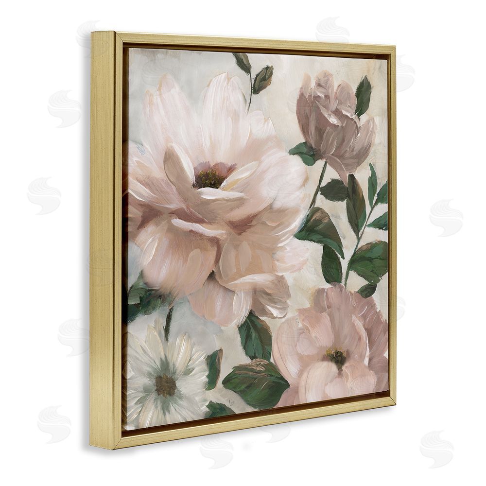 Nan Budding Blush Peonies & Leaves Gold Floating Frame Canvas Wall Art Print