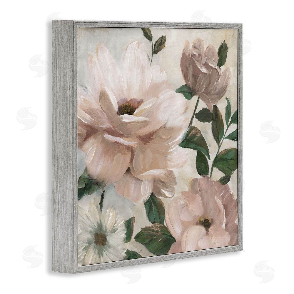 Nan Budding Blush Peonies & Leaves Gray Framed Giclee Wall Art Print