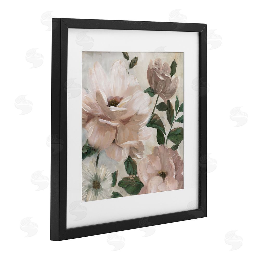 Nan Budding Blush Peonies & Leaves Black Framed Print Under Glass Wall Art