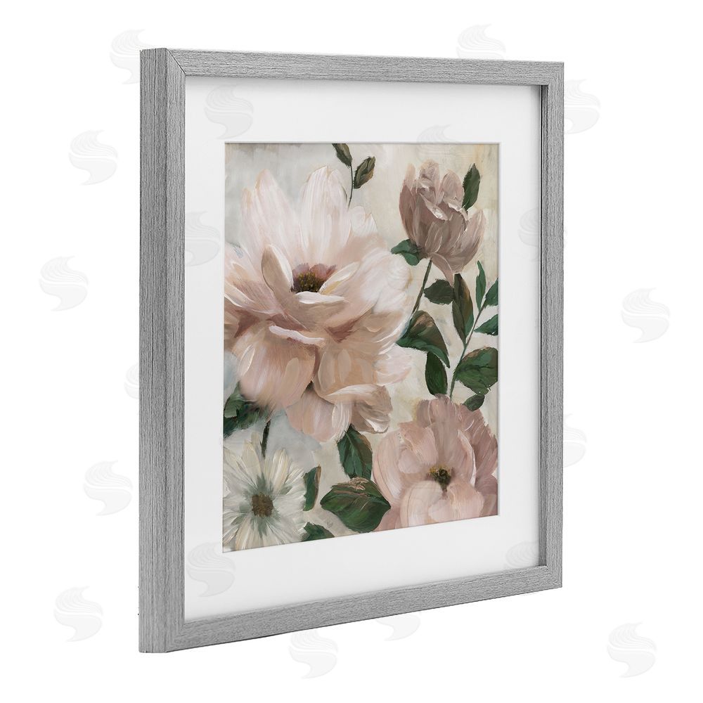 Nan Budding Blush Peonies & Leaves Gray Framed Print Under Glass Wall Art