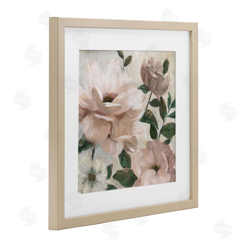 Nan Budding Blush Peonies & Leaves Brown Framed Print Under Glass Wall Art