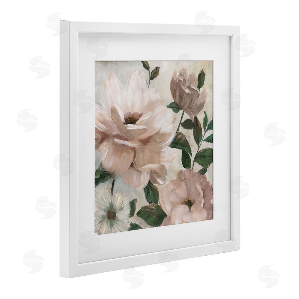 Nan Budding Blush Peonies & Leaves White Framed Print Under Glass Wall Art