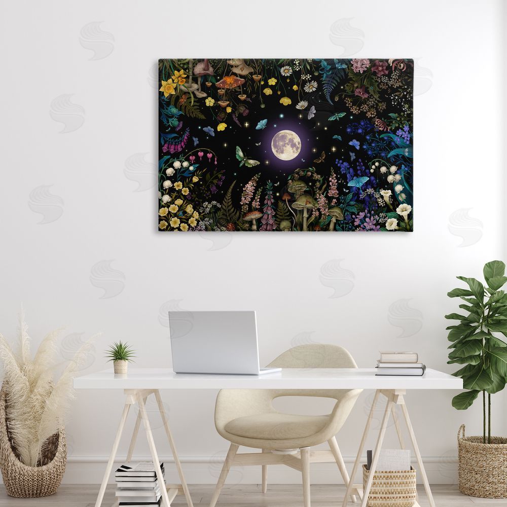 Episodic Drawings Night Garden with Moth Stretched Canvas Wall Art in Room
