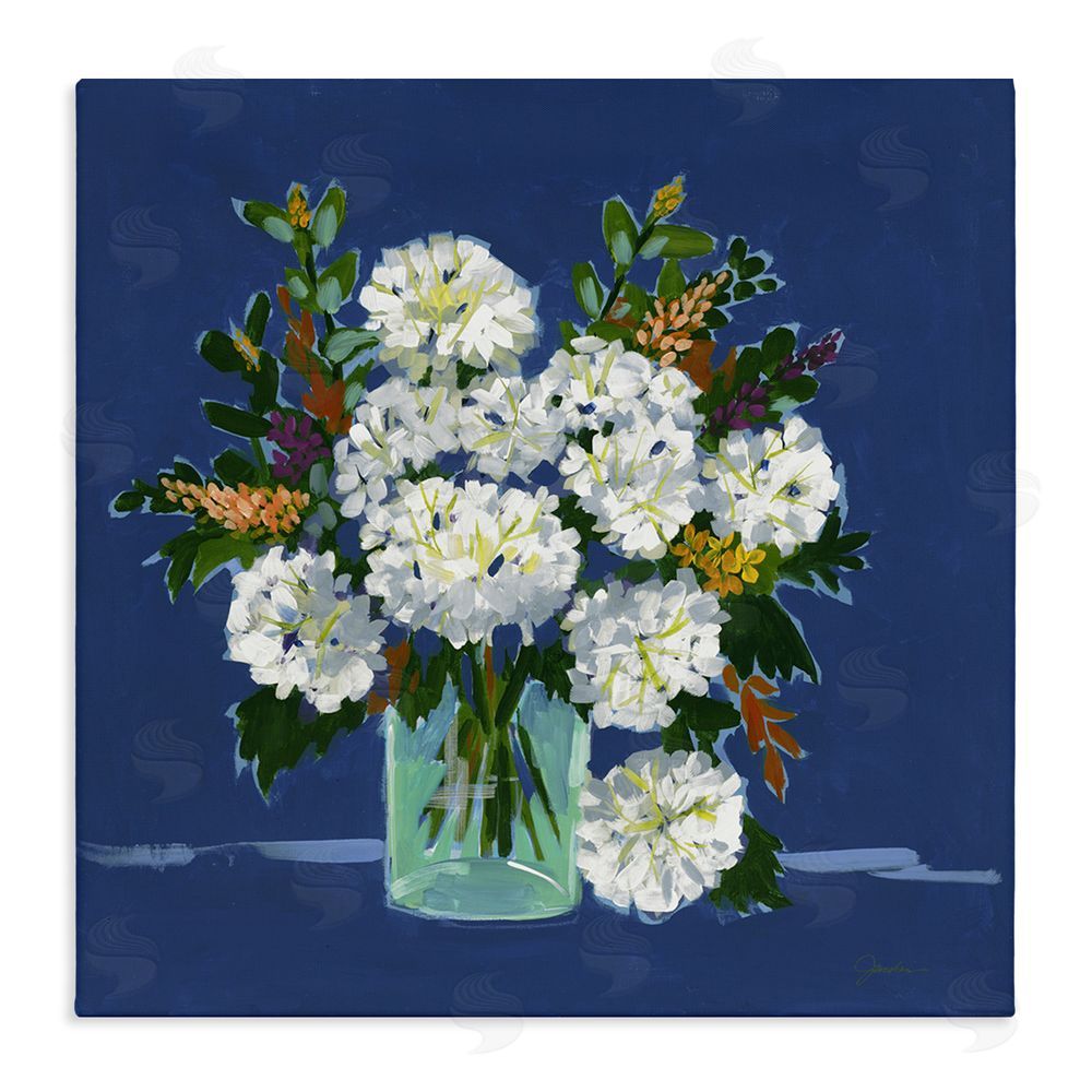 Liz Jardine White Blooms Still Life on Navy Stretched Canvas Wall Art Print