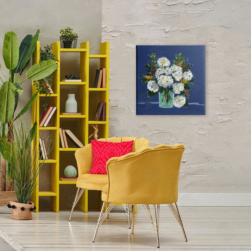 Liz Jardine White Blooms Still Life on Navy Stretched Canvas Wall Art in Room
