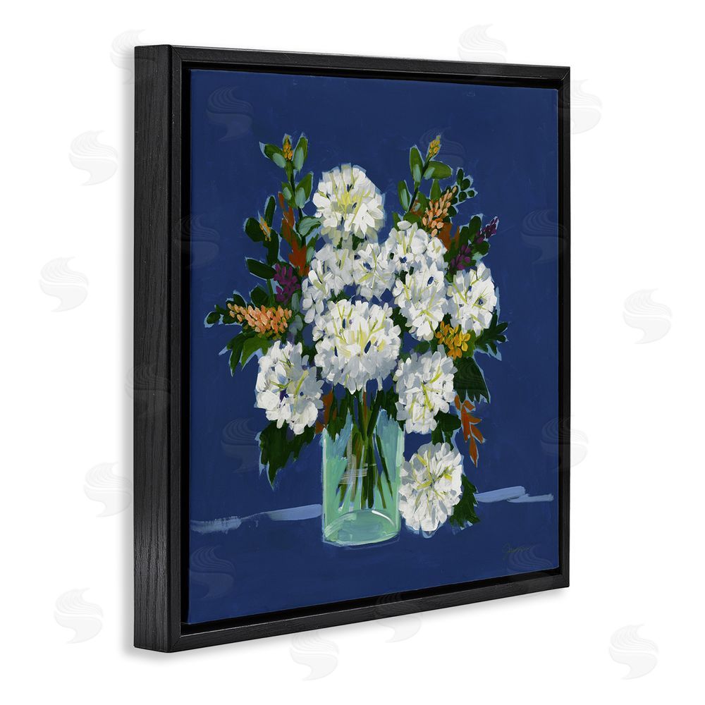 Liz Jardine White Blooms Still Life on Navy Black Floating Frame Canvas Wall Art Print
