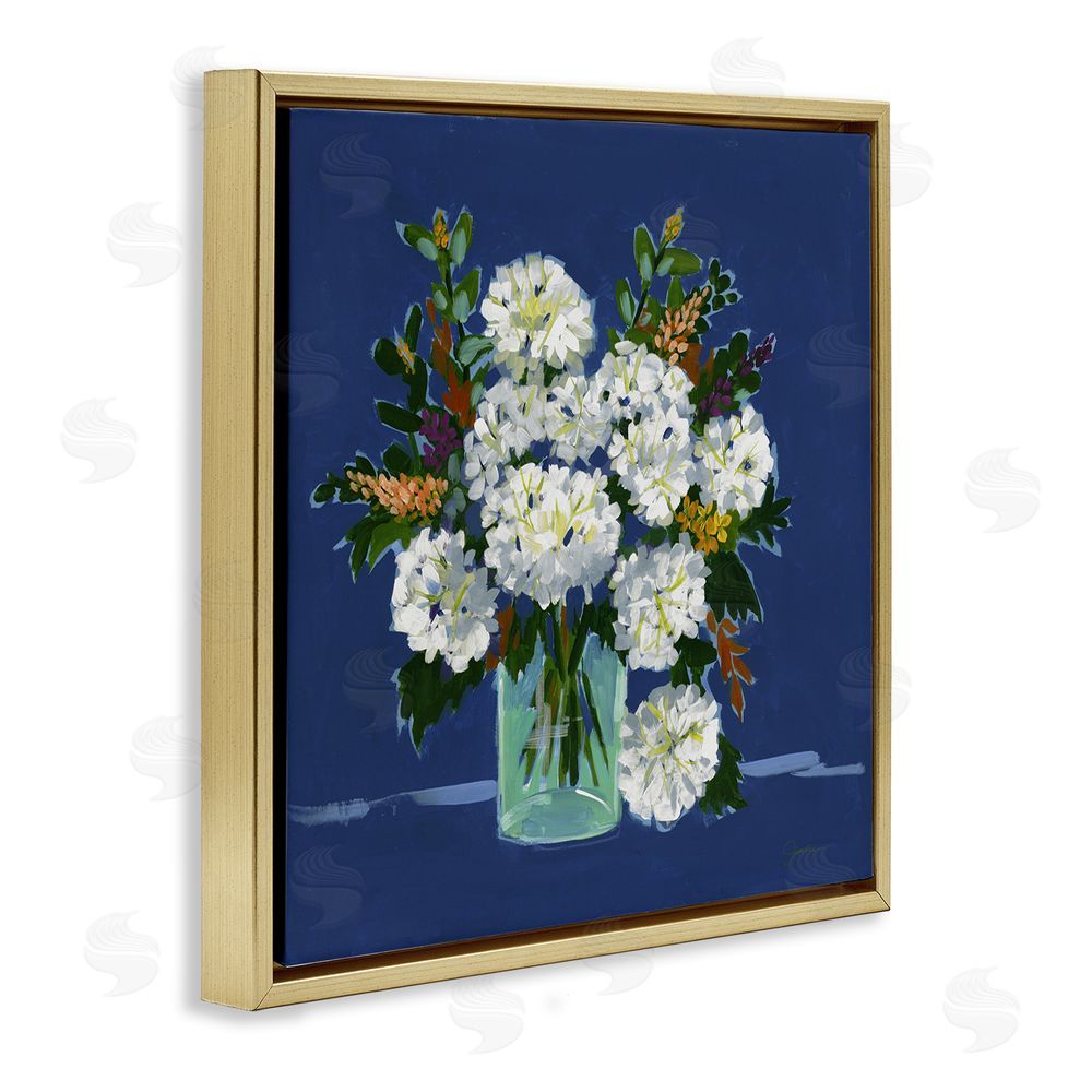Liz Jardine White Blooms Still Life on Navy Gold Floating Frame Canvas Wall Art Print