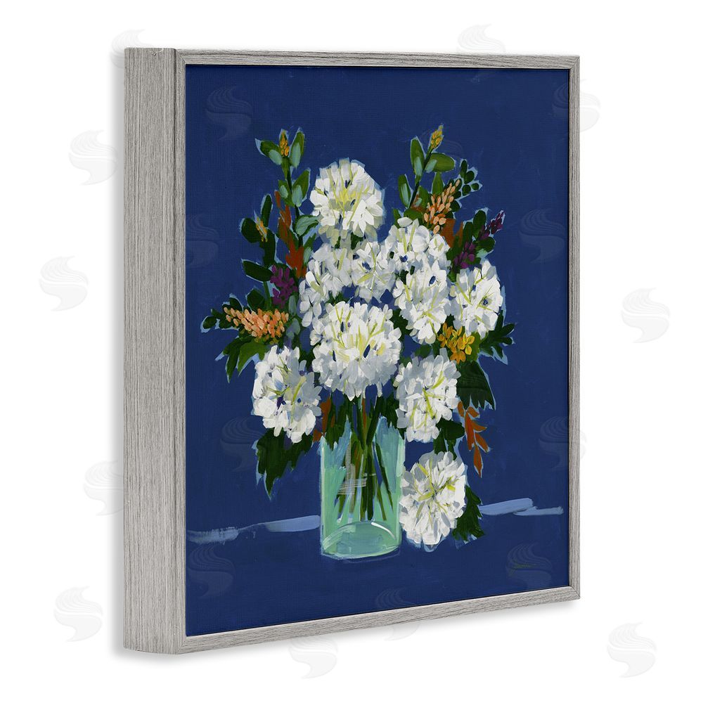 Liz Jardine White Blooms Still Life on Navy Gray Framed Giclee Wall Art Print