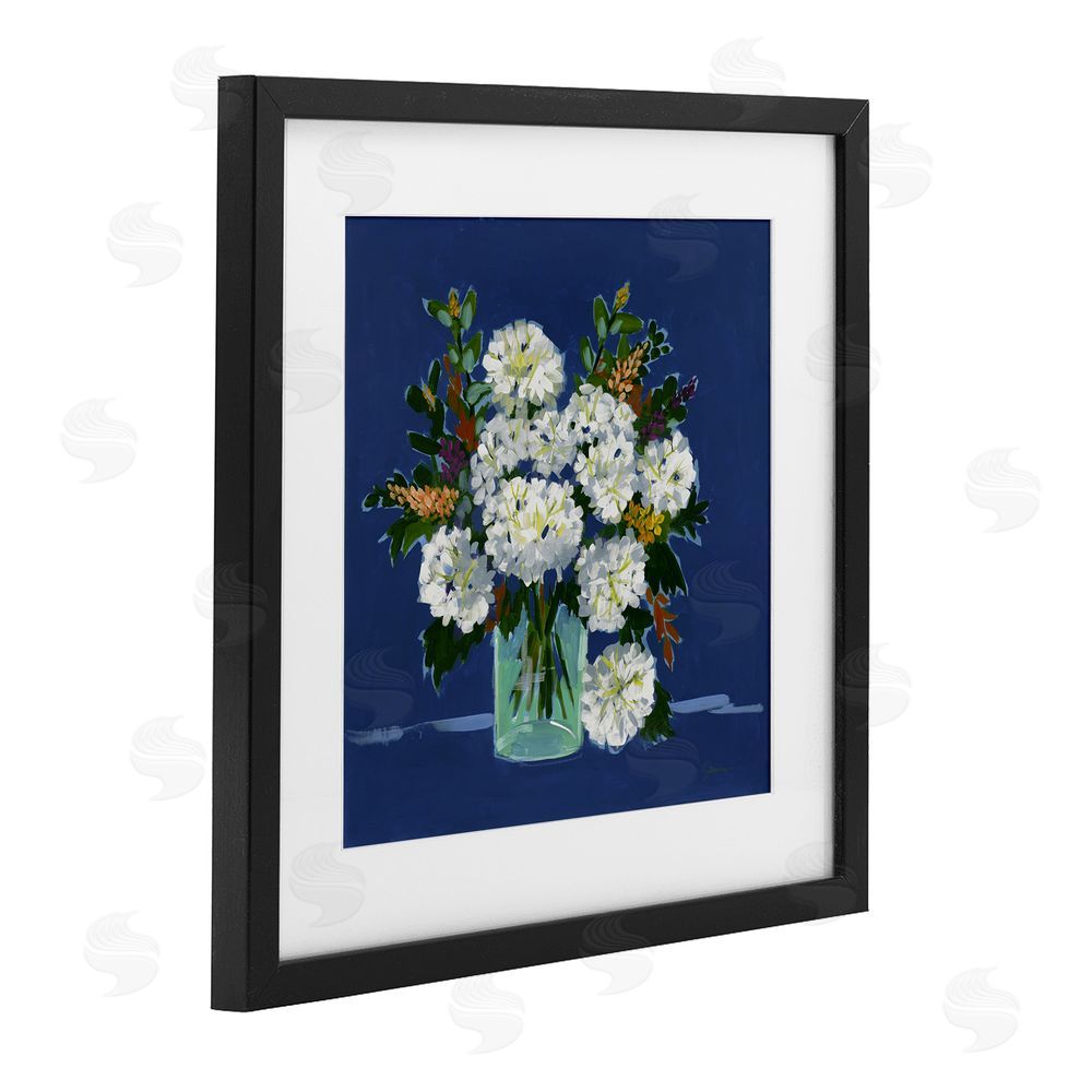 Liz Jardine White Blooms Still Life on Navy Black Framed Print Under Glass Wall Art