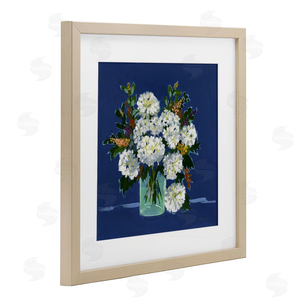 Liz Jardine White Blooms Still Life on Navy Brown Framed Print Under Glass Wall Art