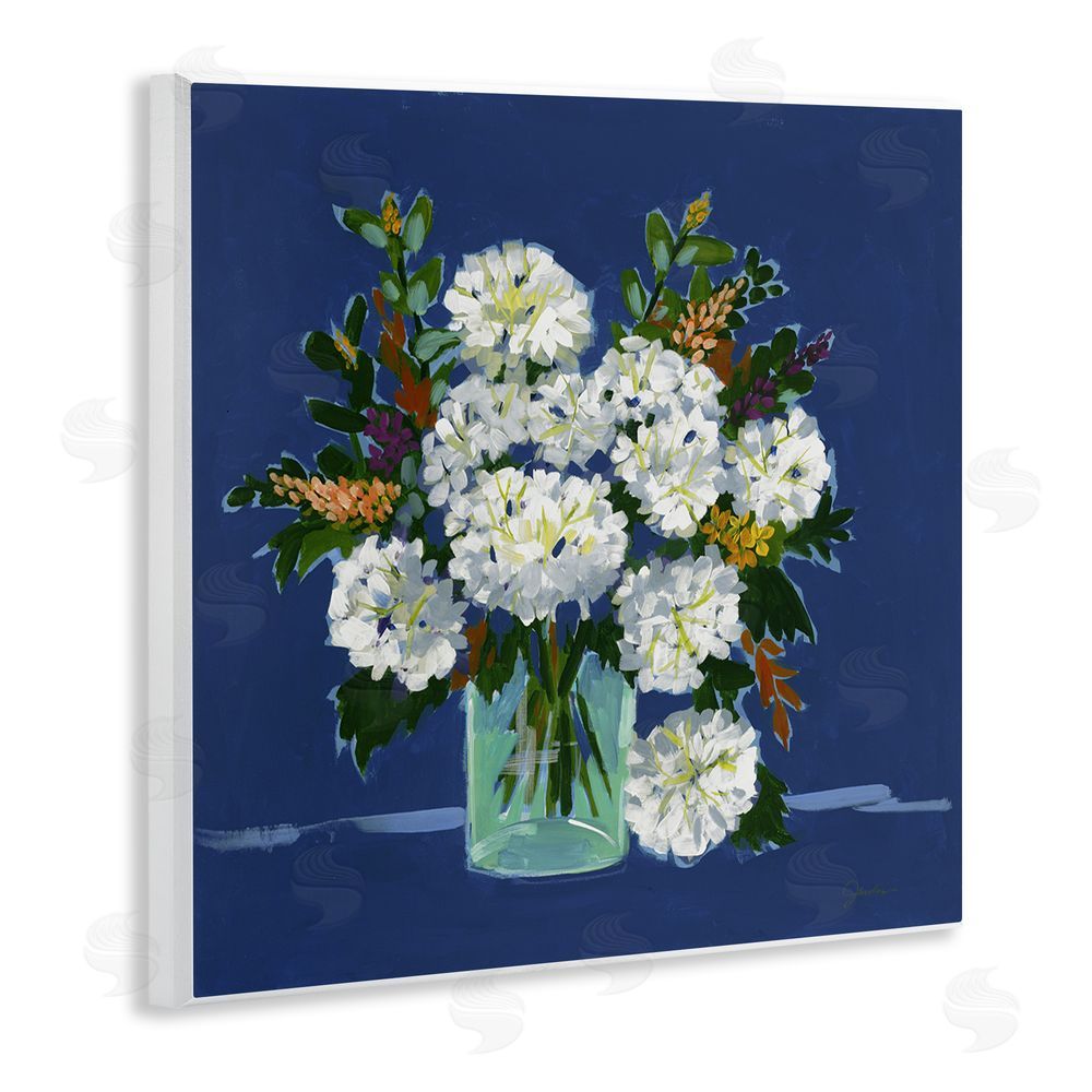 Liz Jardine White Blooms Still Life on Navy Wooden Wall Plaque Art Print