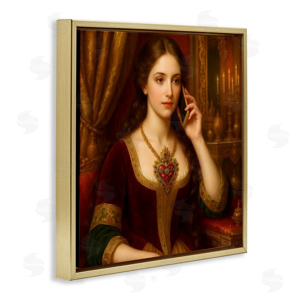 Grotto Studios Rococo Woman with Cell Phone Gold Floating Frame Canvas Wall Art Print