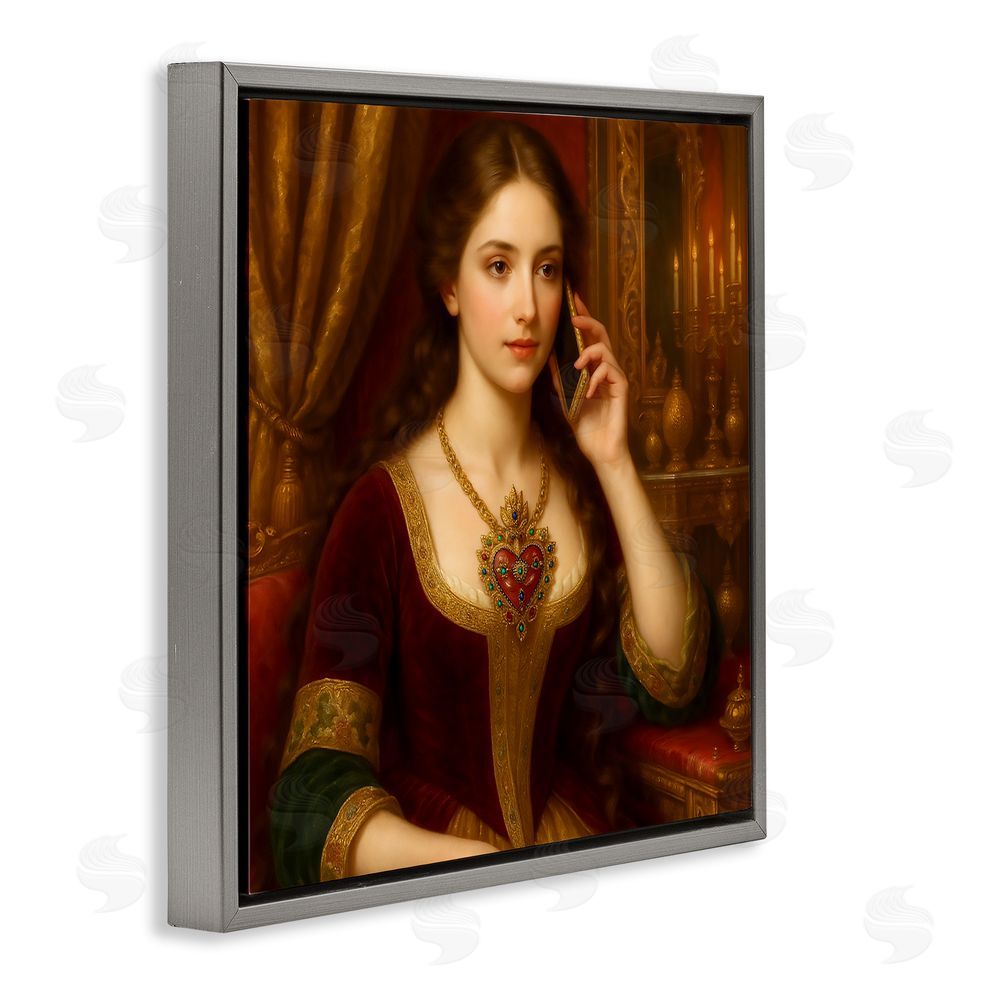 Grotto Studios Rococo Woman with Cell Phone Gray Floating Frame Canvas Wall Art Print