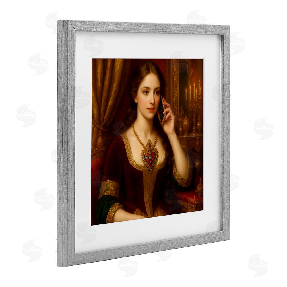 Grotto Studios Rococo Woman with Cell Phone Gray Framed Print Under Glass Wall Art