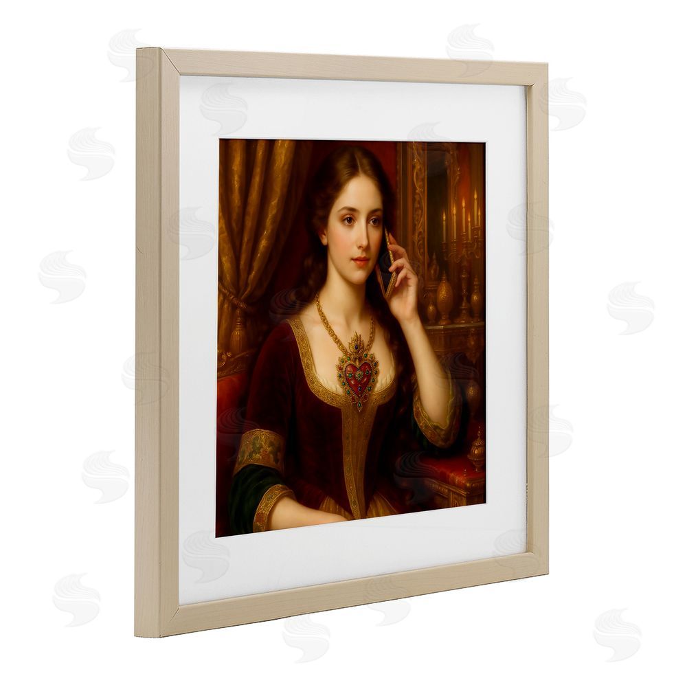 Grotto Studios Rococo Woman with Cell Phone Birch Framed Print Under Glass Wall Art