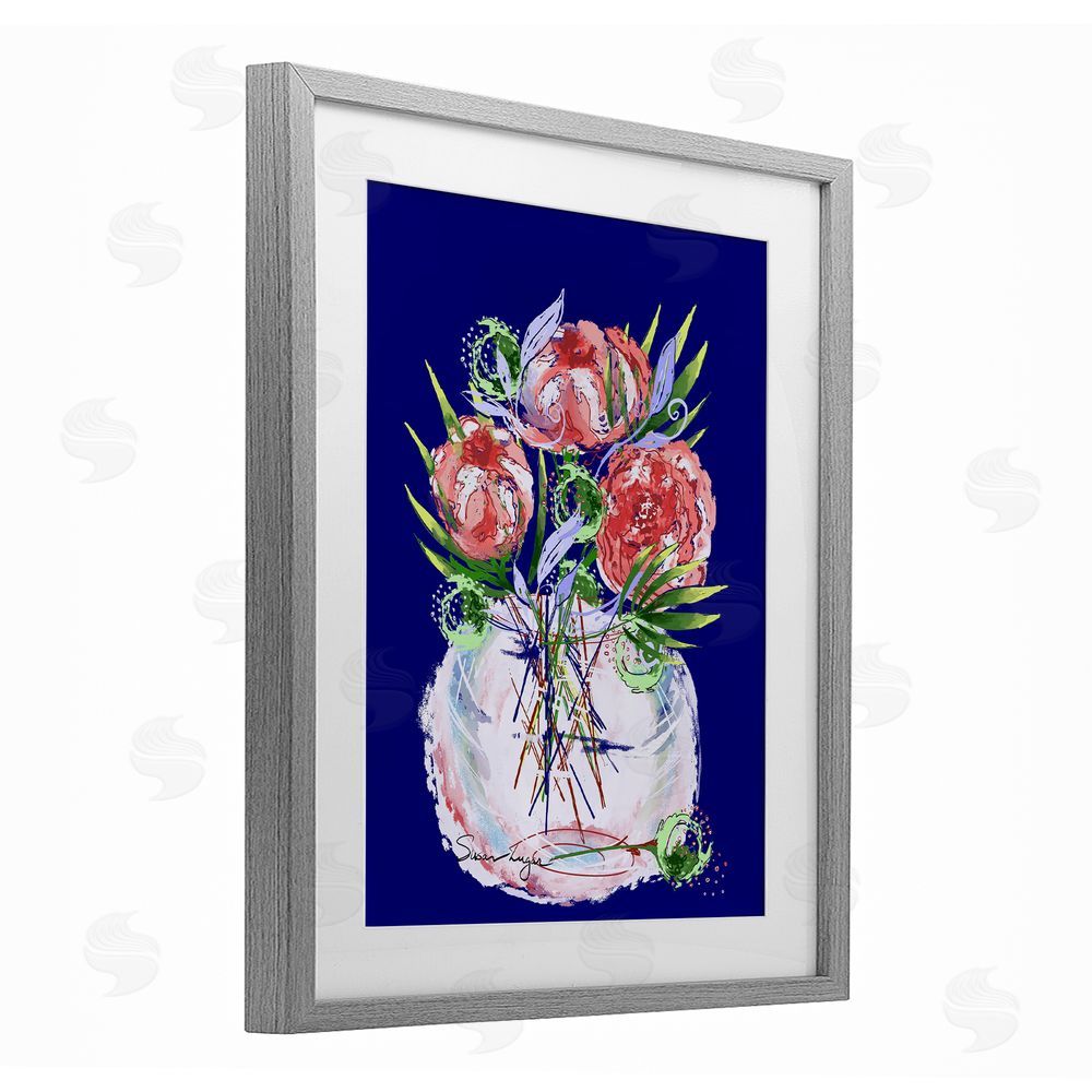 Susan Lugar Florals In Milk Glass Gray Framed Print Under Glass Wall Art
