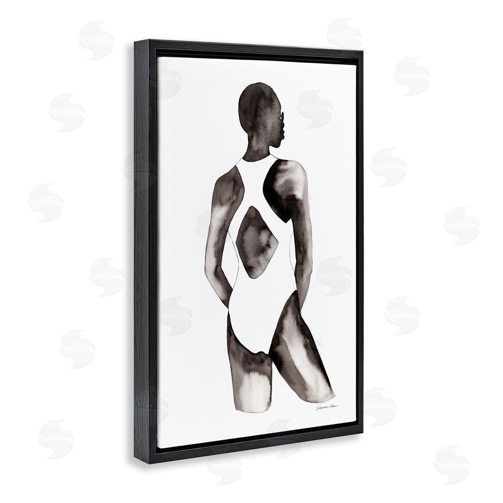 Simone Elum Beach Day Swimsuit Silhouette Black Floating Frame Canvas Wall Art Print