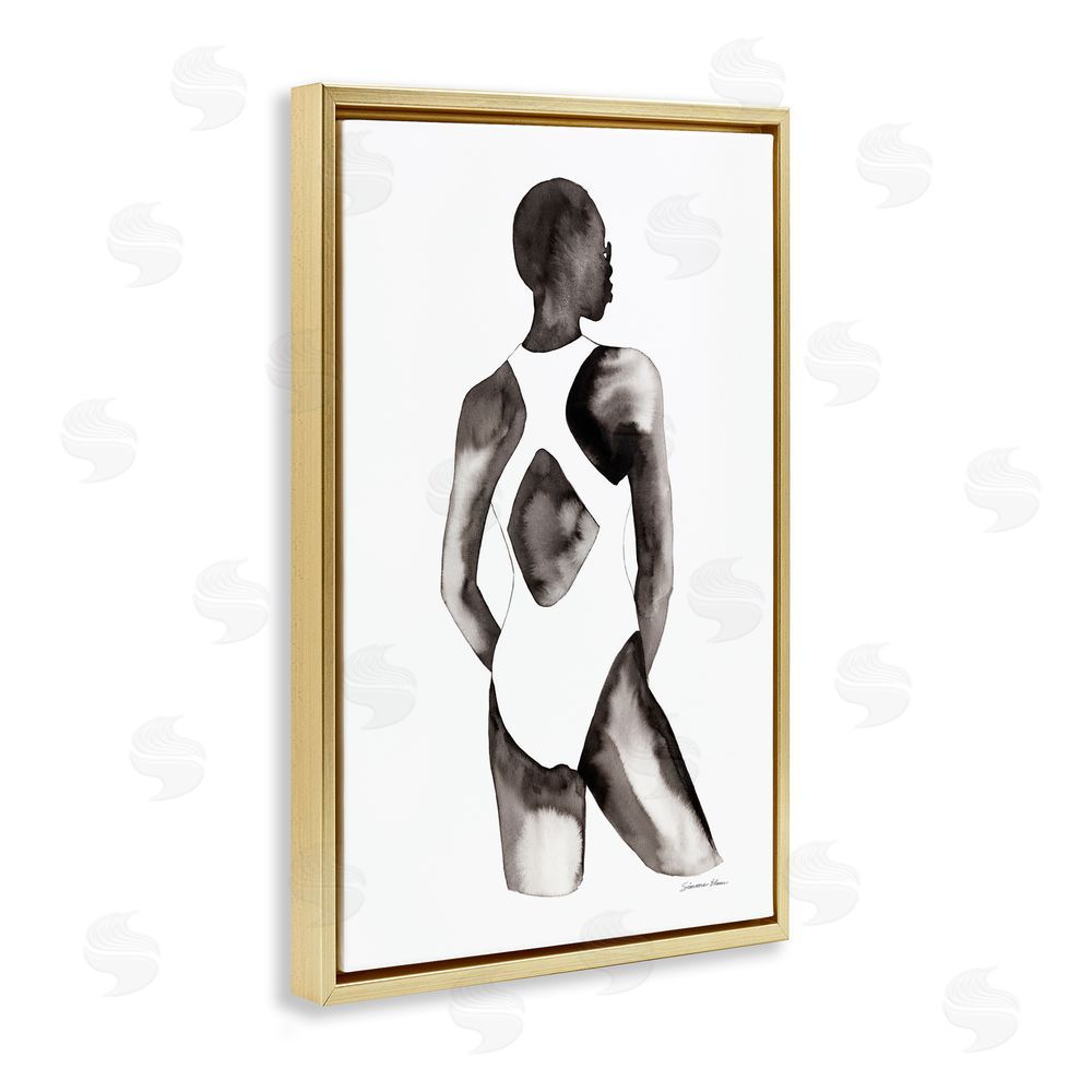Simone Elum Beach Day Swimsuit Silhouette Gold Floating Frame Canvas Wall Art Print