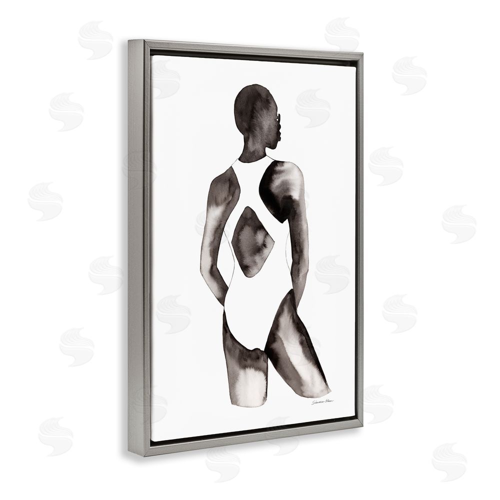 Simone Elum Beach Day Swimsuit Silhouette Gray Floating Frame Canvas Wall Art Print