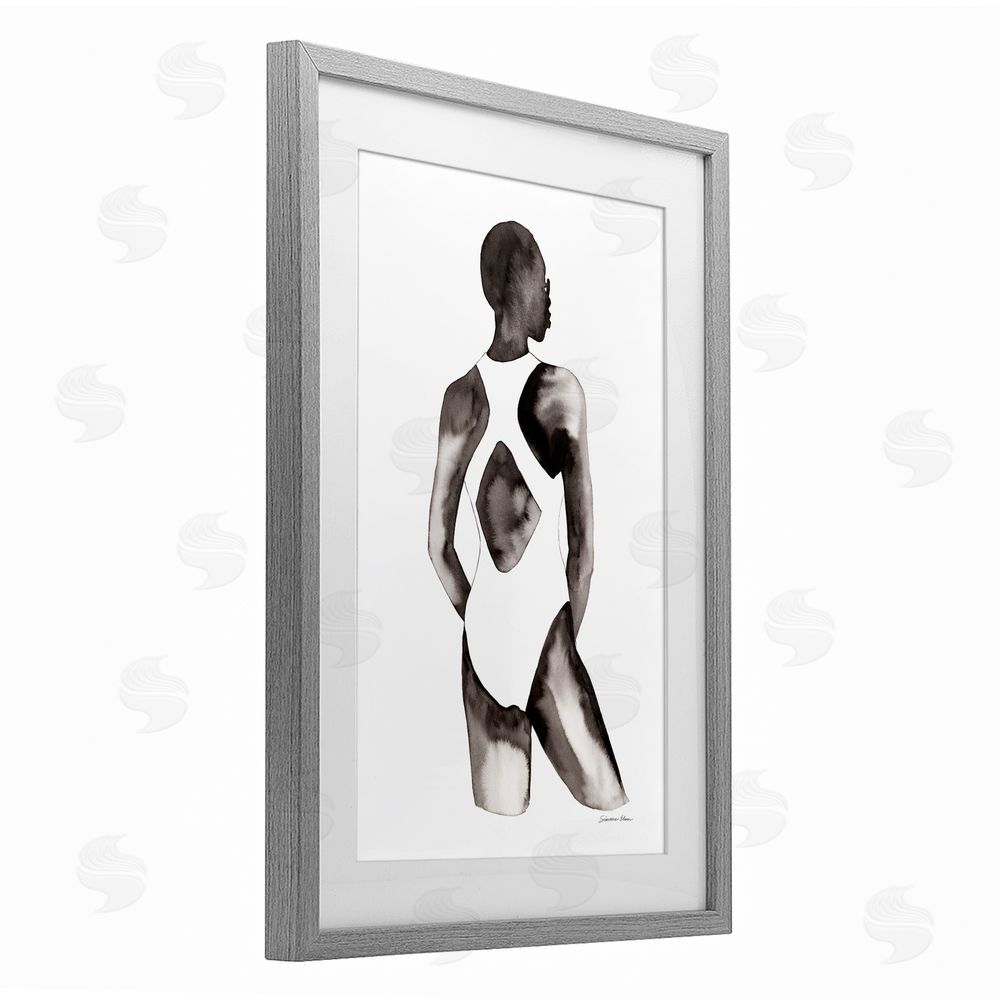 Simone Elum Beach Day Swimsuit Silhouette Gray Framed Print Under Glass Wall Art