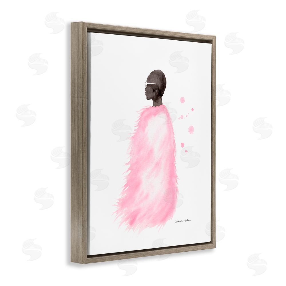 Simone Elum Pink Fur Coat Portrait Brown Floating Frame Canvas Wall Art Print