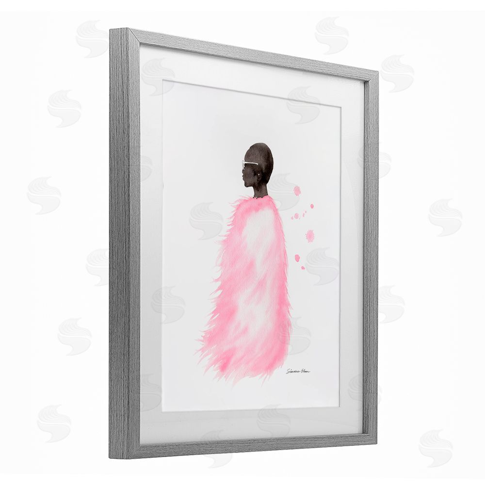 Simone Elum Pink Fur Coat Portrait Gray Framed Print Under Glass Wall Art