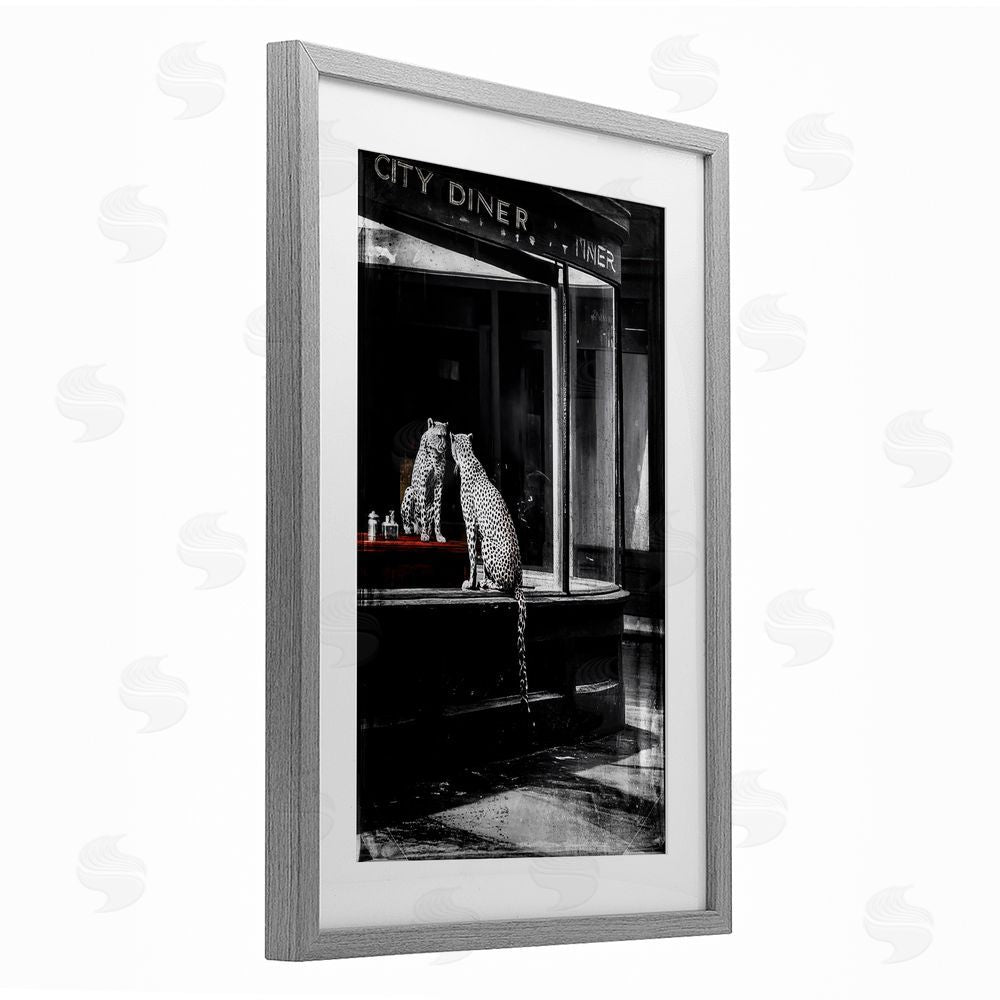 Annabelle Hall Diner Noir Leopard Reflection Gray Framed Print Under Glass Wall Art