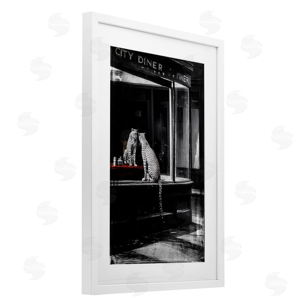 Annabelle Hall Diner Noir Leopard Reflection White Framed Print Under Glass Wall Art