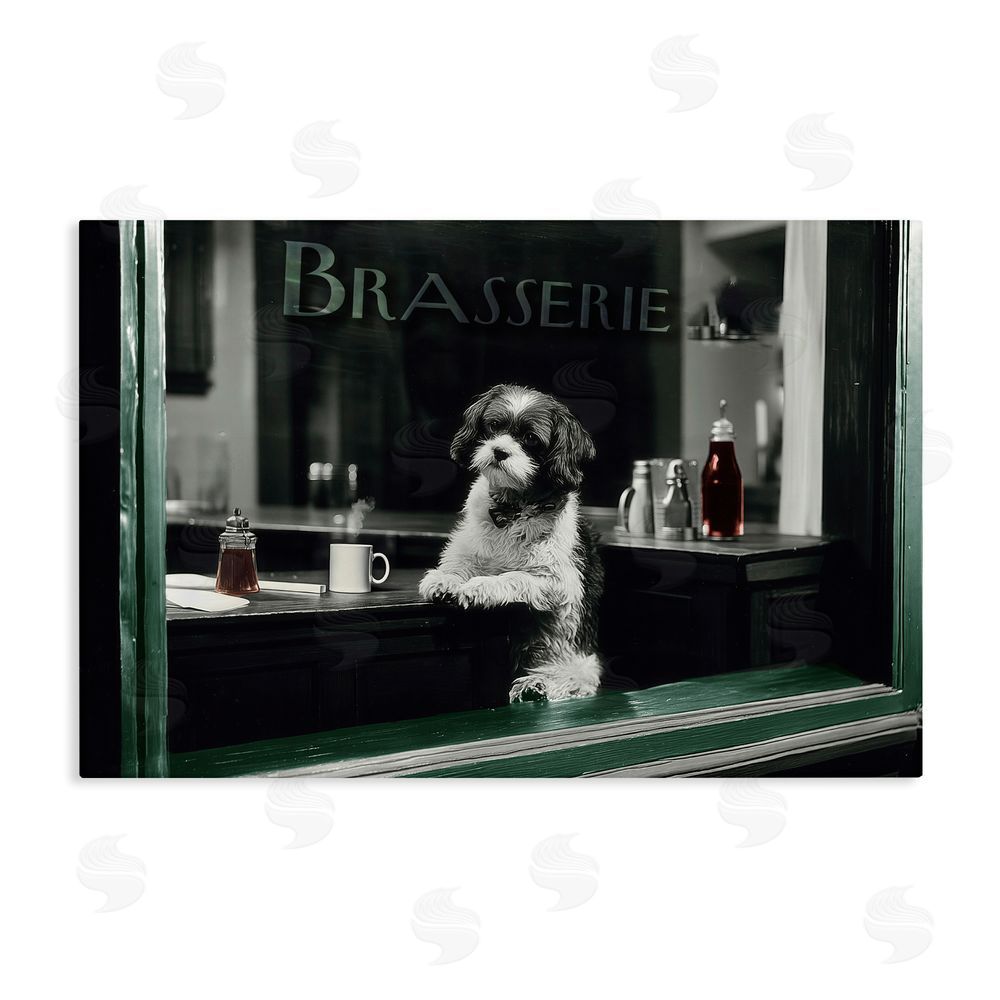 Annabelle Hall Brasserie Vintage Dog in Window Stretched Canvas Wall Art