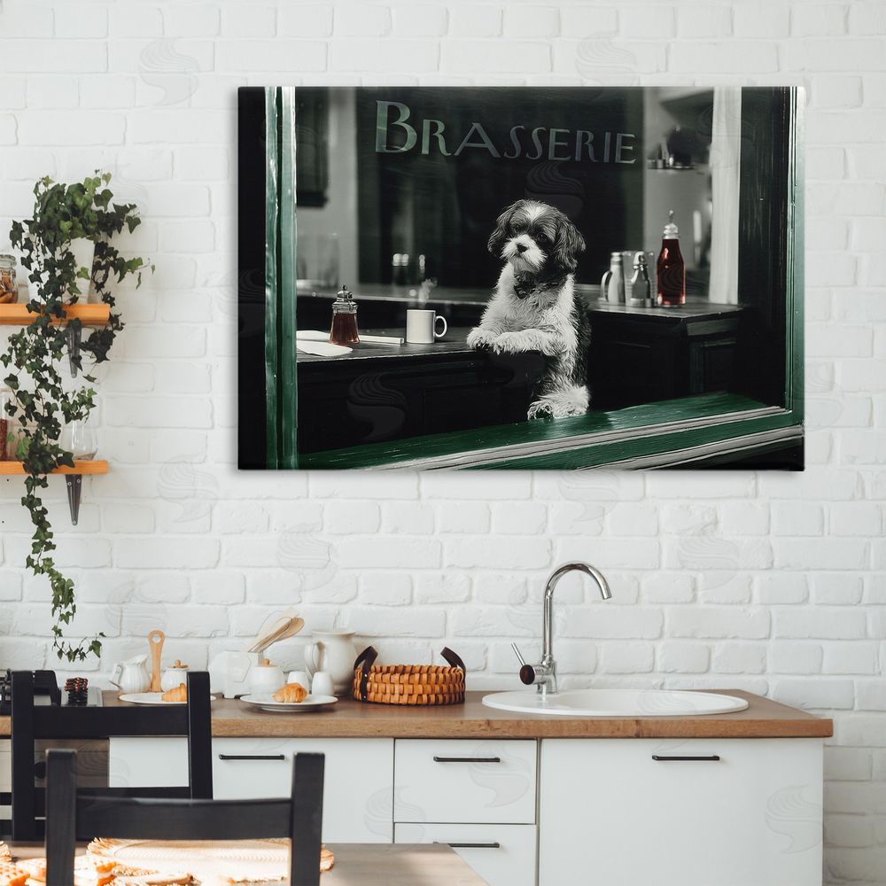 Annabelle Hall Brasserie Vintage Dog in Window Stretched Canvas Wall Art in Room