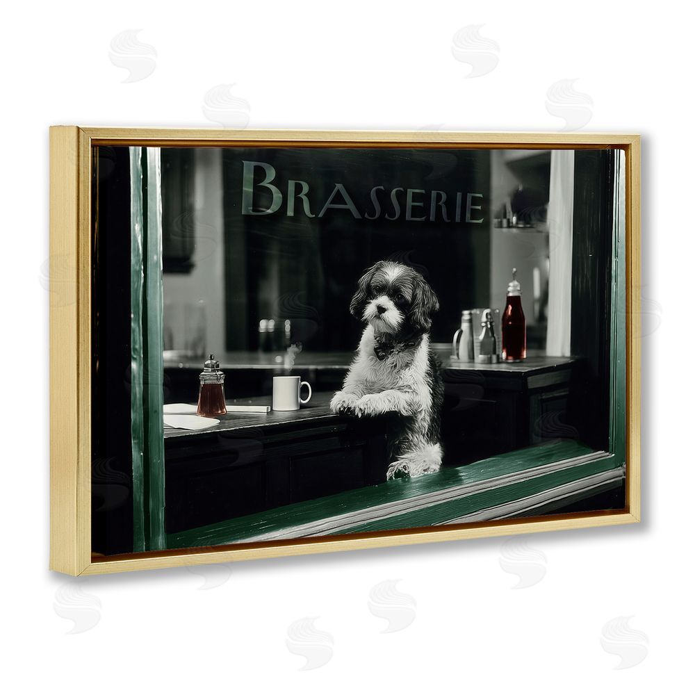Annabelle Hall Brasserie Vintage Dog in Window Gold Floating Frame Canvas Wall Art Print