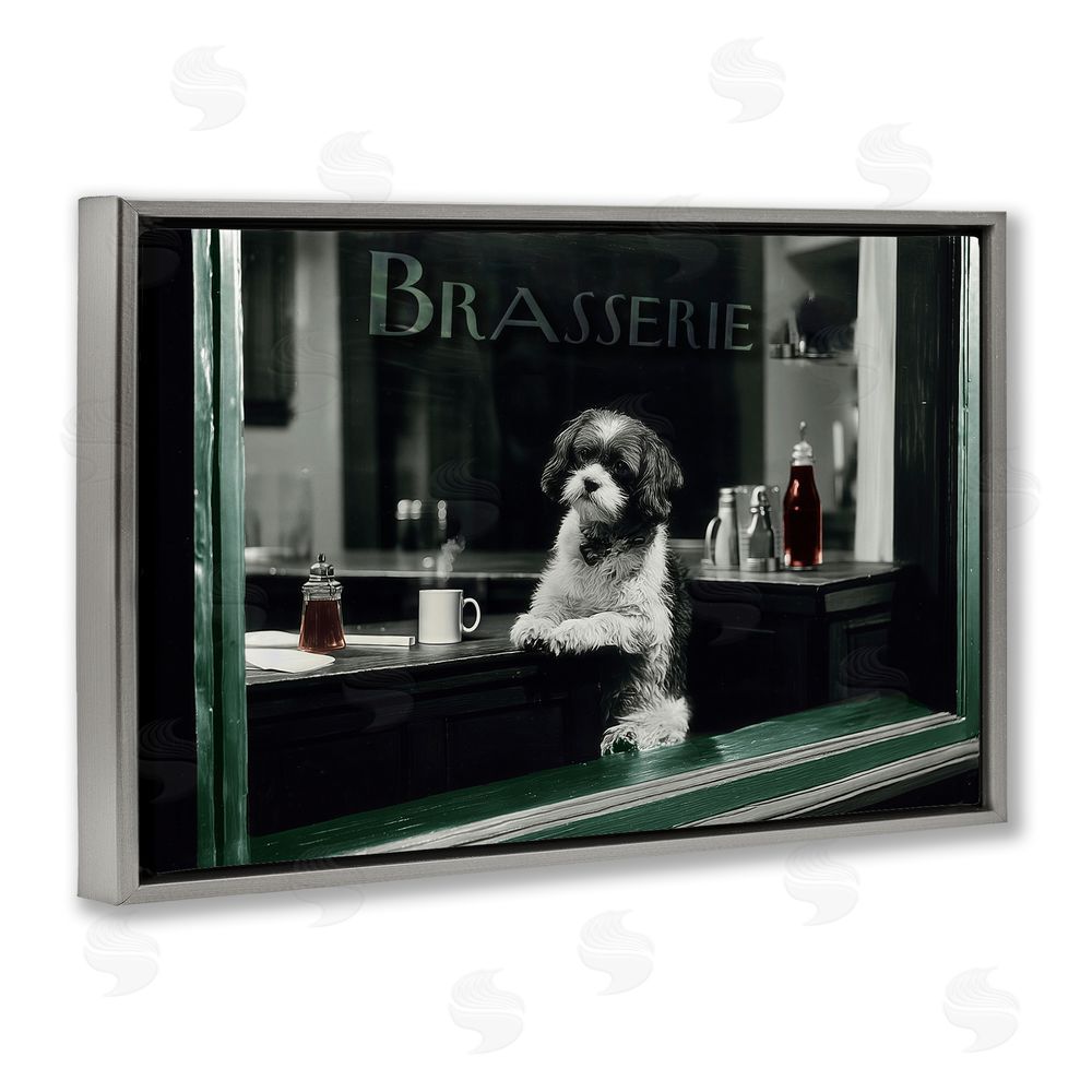 Annabelle Hall Brasserie Vintage Dog in Window Gray Floating Frame Canvas Wall Art Print