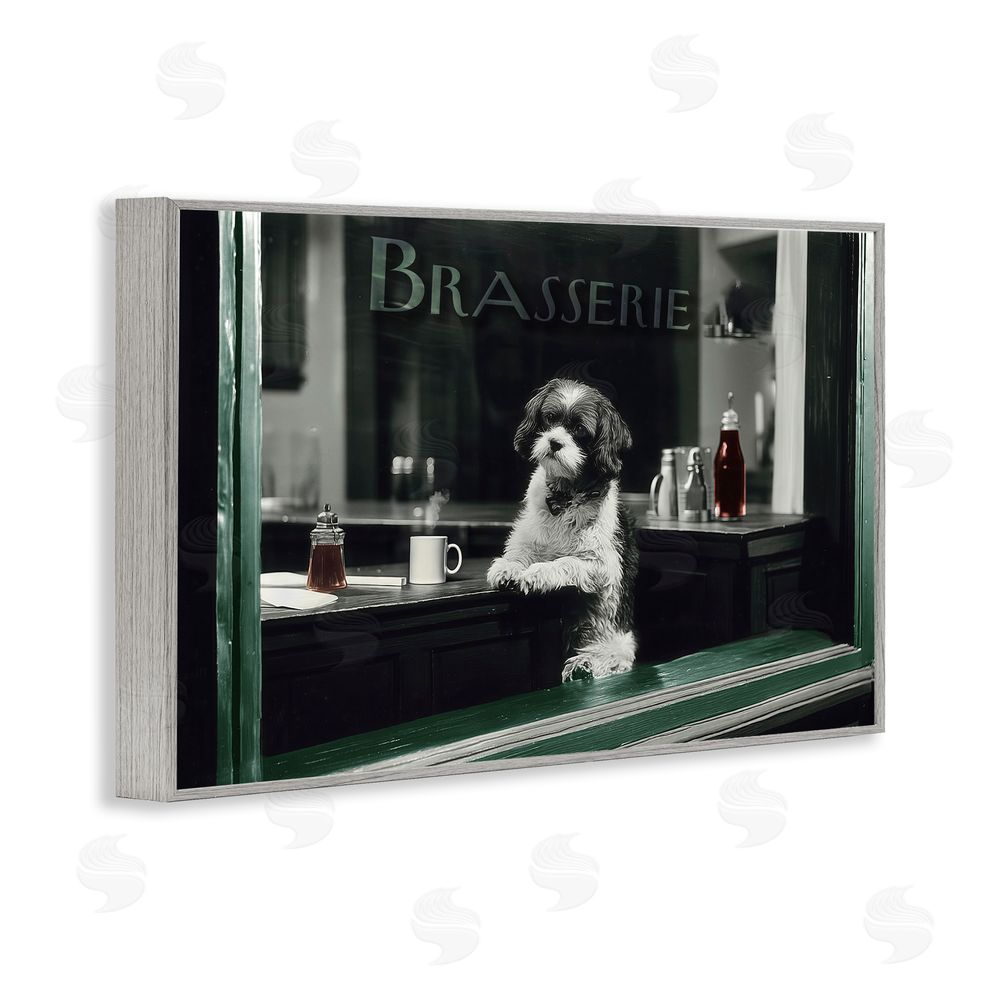 Annabelle Hall Brasserie Vintage Dog in Window Gray Framed Giclee Wall Art Print
