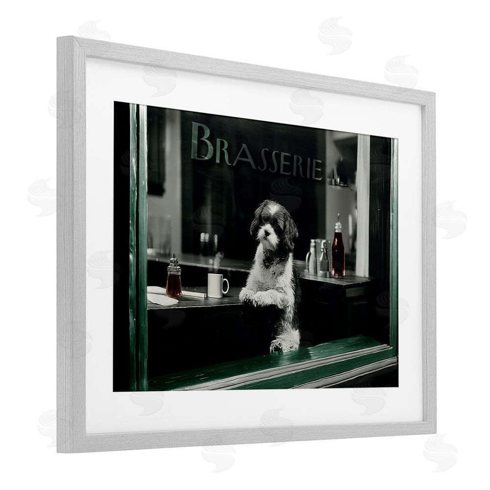 Annabelle Hall Brasserie Vintage Dog in Window Gray Framed Print Under Glass Wall Art
