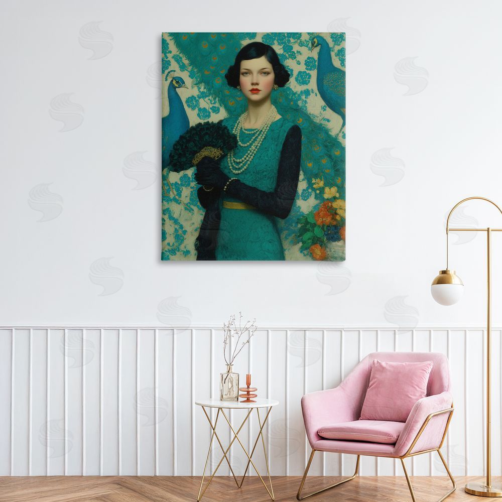 A Barefoot Stylist Vintage Peacock Poise Stretched Canvas Wall Art in Room