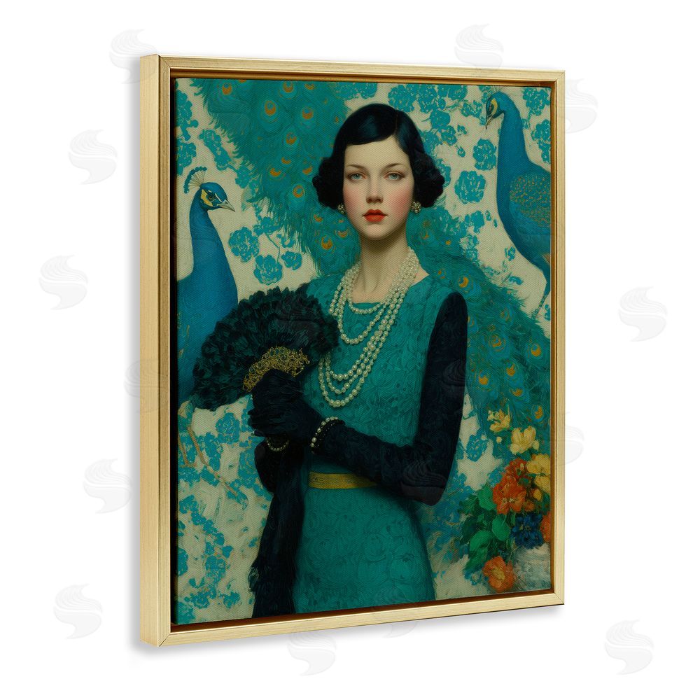 A Barefoot Stylist Vintage Peacock Poise Gold Floating Frame Canvas Wall Art Print
