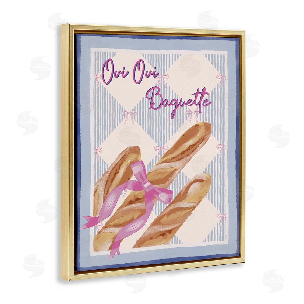 Radhika Modi Oui Oui Baguette with Pink Bow Gold Floating Frame Canvas Wall Art Print