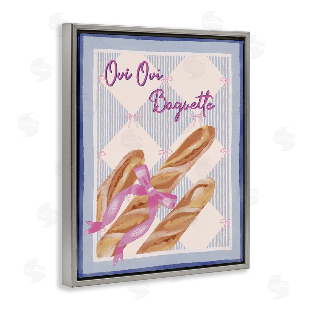 Radhika Modi Oui Oui Baguette with Pink Bow Gray Floating Frame Canvas Wall Art Print