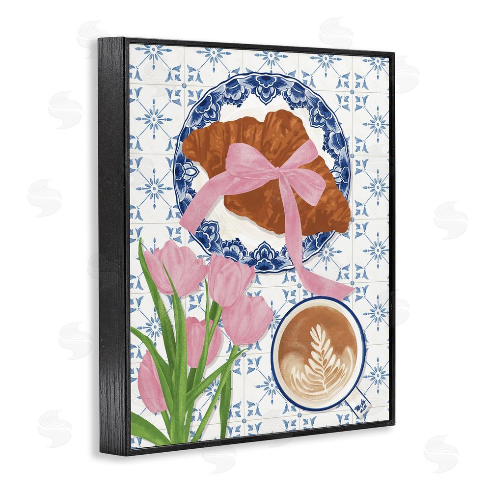 Veronica Lara Coquette Croissant & Cappuccino Black Framed Giclee Wall Art Print