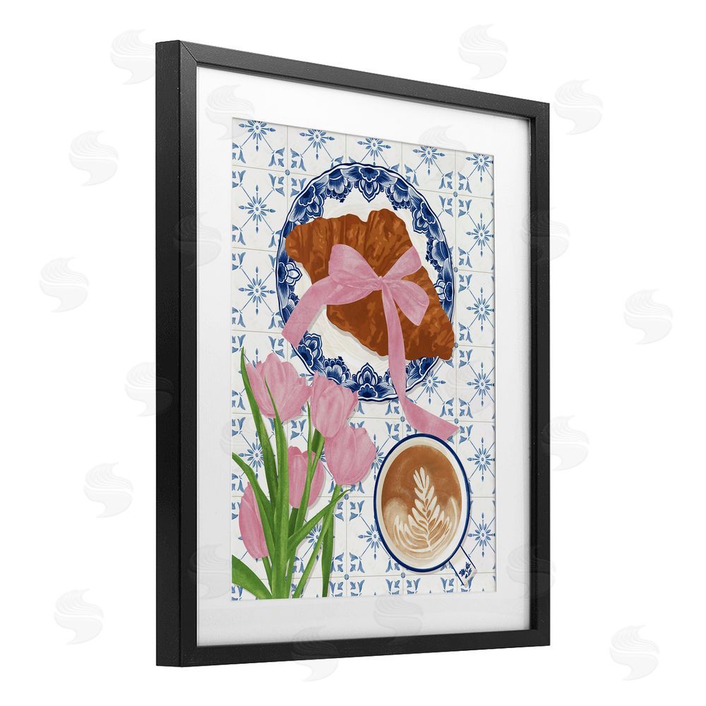 Veronica Lara Coquette Croissant & Cappuccino Black Framed Print Under Glass Wall Art