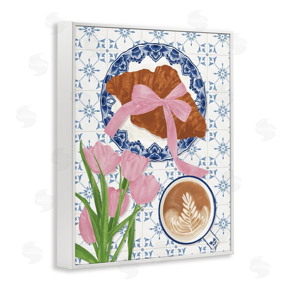 Veronica Lara Coquette Croissant & Cappuccino White Framed Giclee Wall Art Print