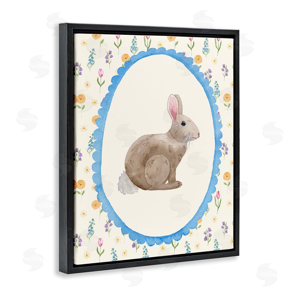 Nina Jacobs Delicate Spring Bunny Florals Black Floating Frame Canvas Wall Art Print