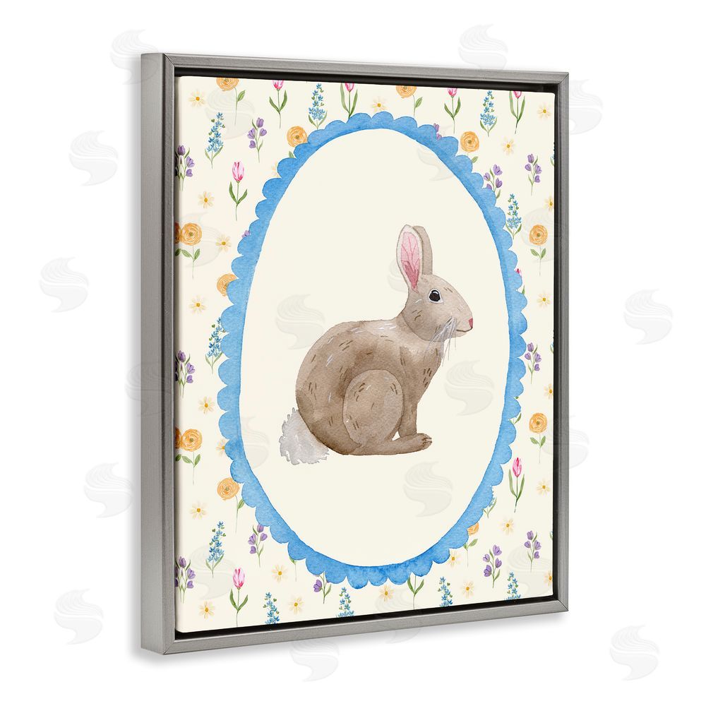 Nina Jacobs Delicate Spring Bunny Florals Gray Floating Frame Canvas Wall Art Print