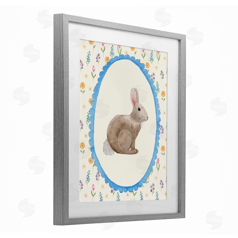Nina Jacobs Delicate Spring Bunny Florals Gray Framed Print Under Glass Wall Art